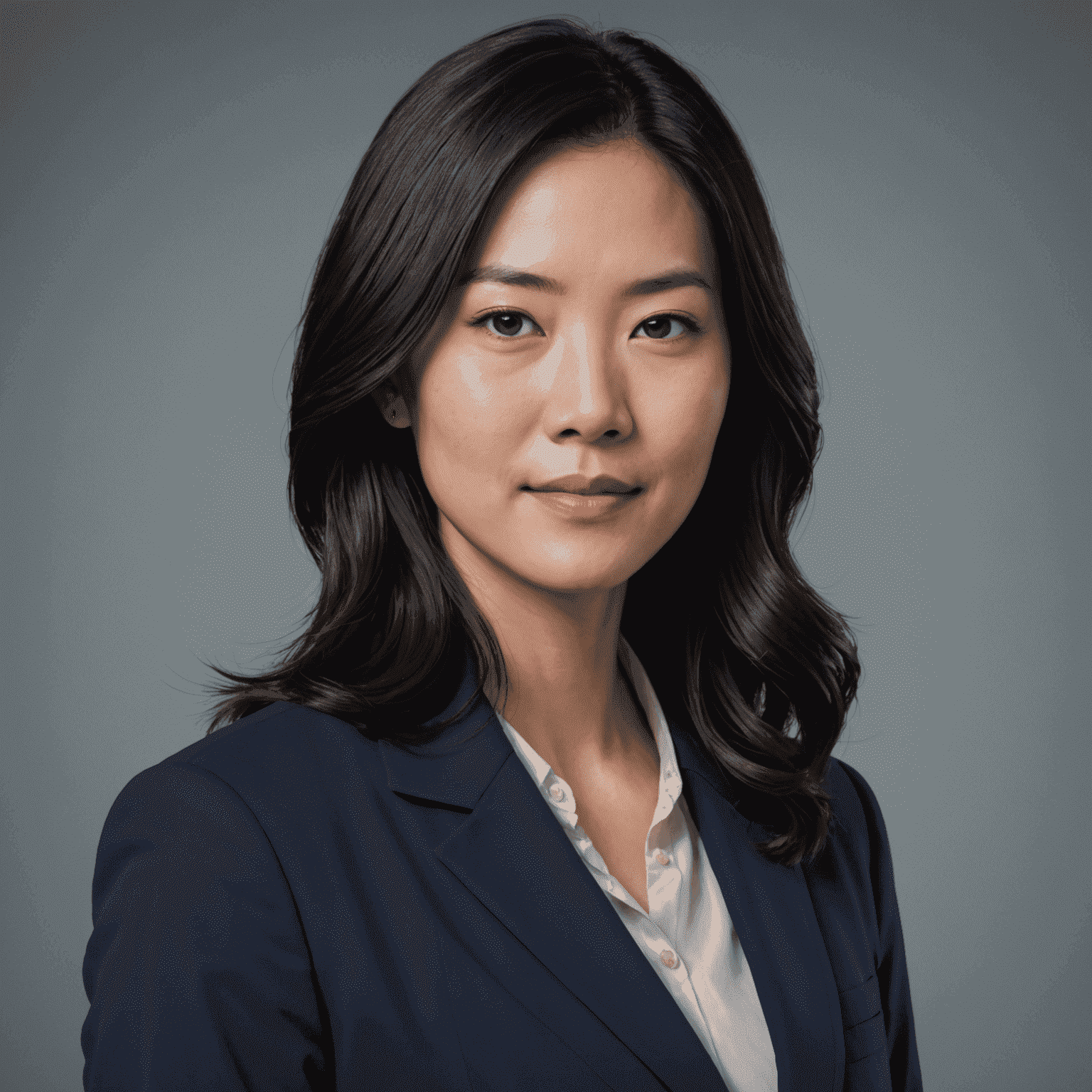 Portrait of Sarah Lee, a professional Asian woman in her 30s with shoulder-length black hair, wearing a navy blue blazer