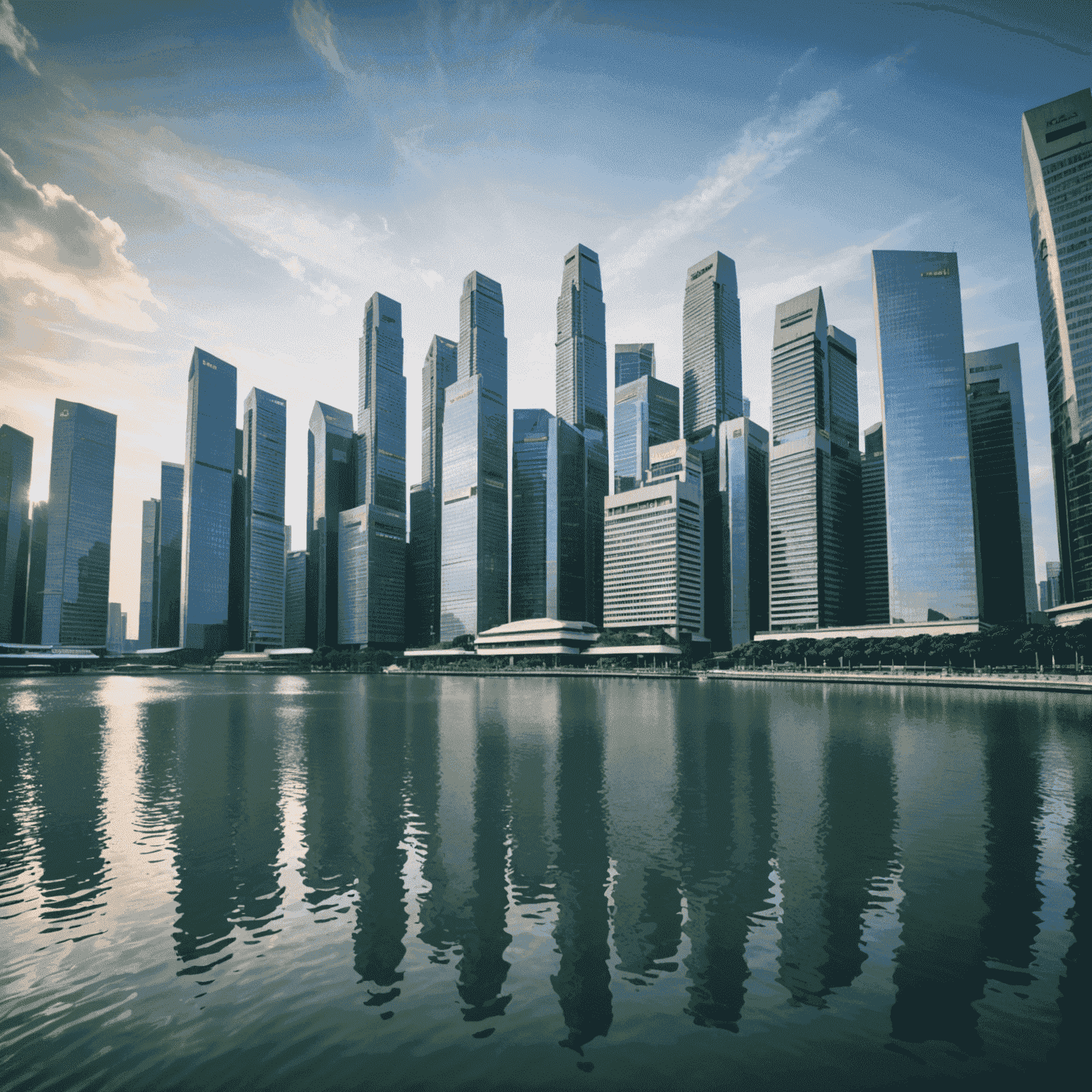 A graph showing the upward trend of the Singapore stock market, with skyscrapers of the financial district in the background