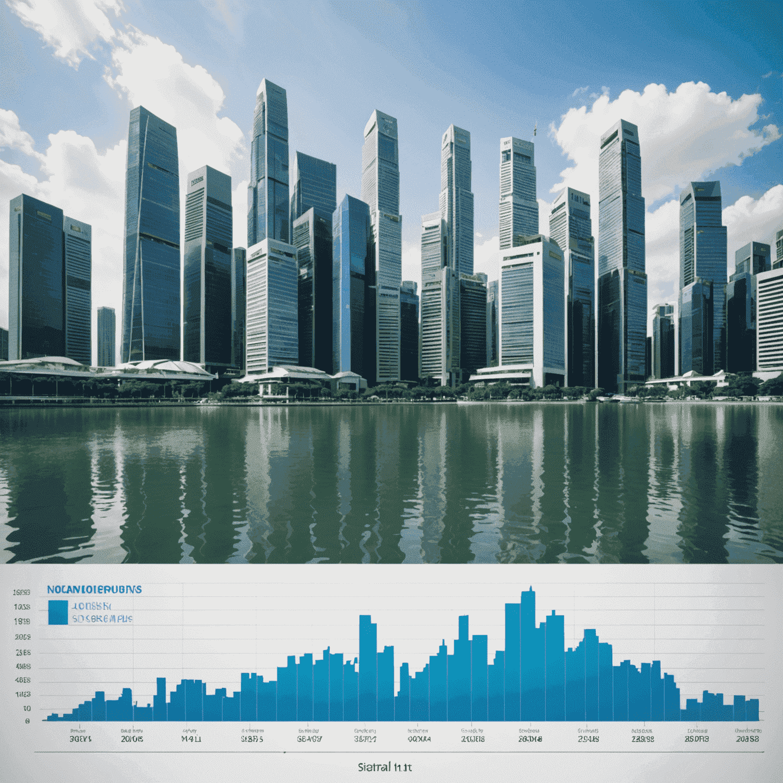 A graph showing the upward trend of the Singapore stock market, with skyscrapers of the financial district in the background