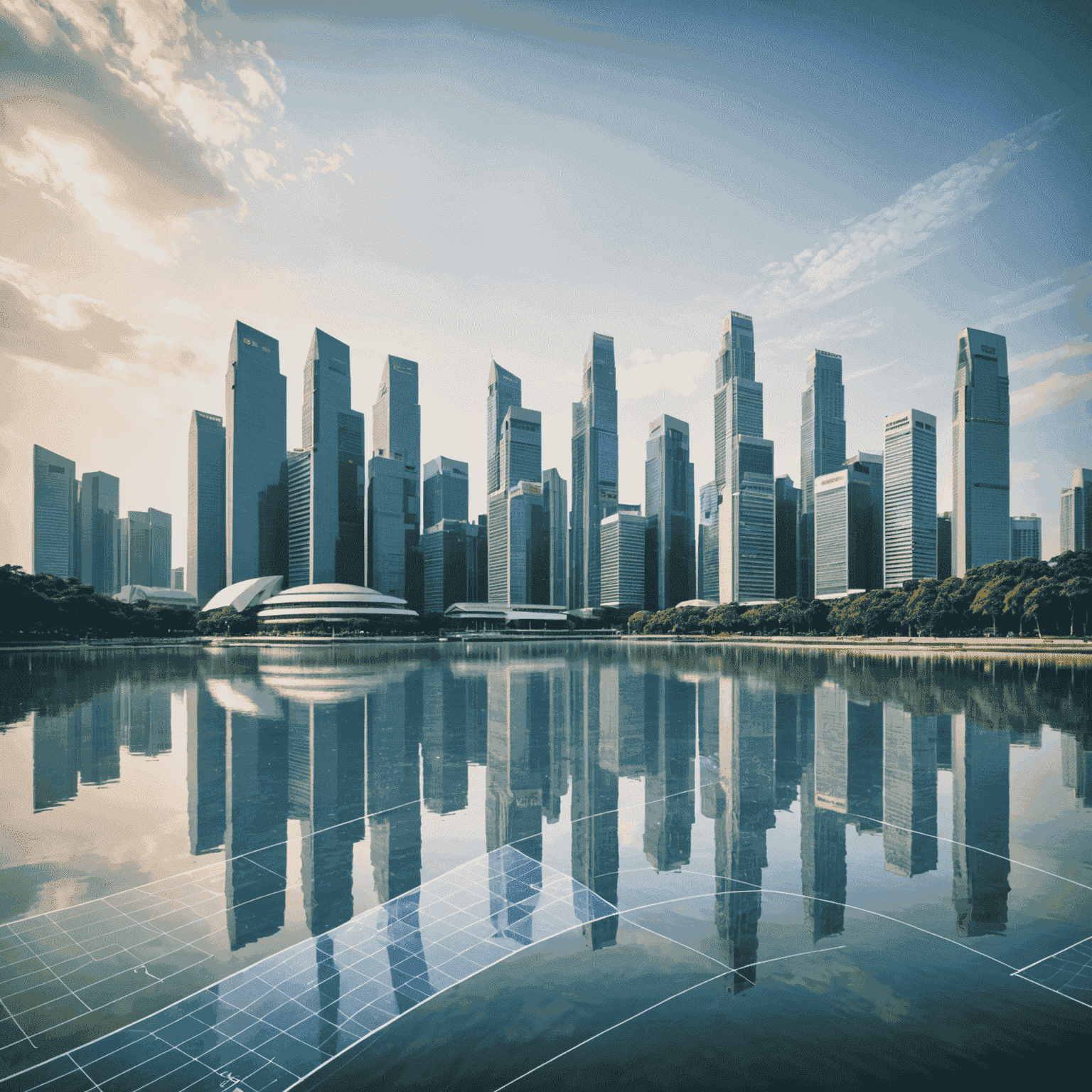 Singapore skyline with financial district buildings and stock market chart overlay