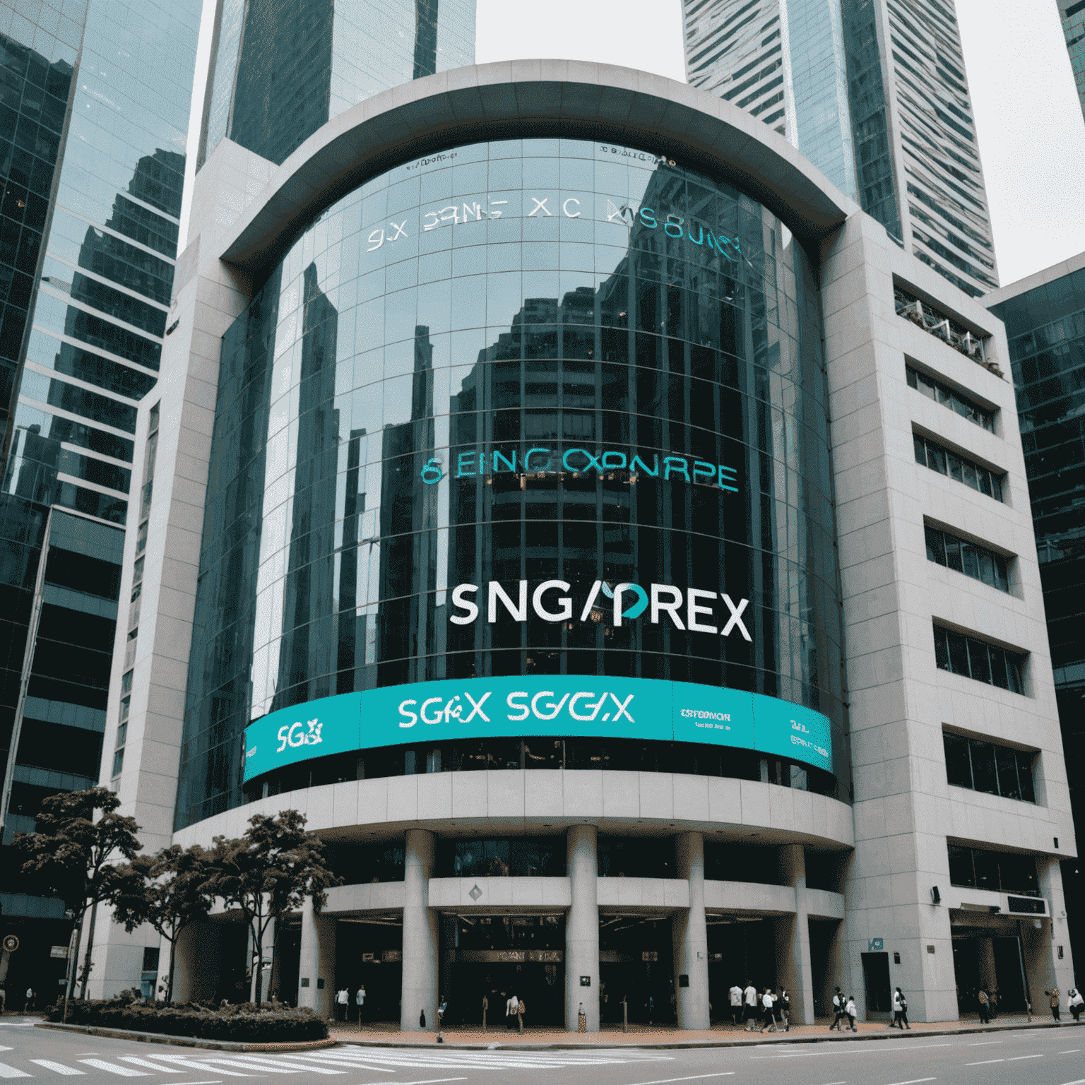 Singapore Exchange (SGX) building with a digital overlay showing stock tickers and regulatory symbols