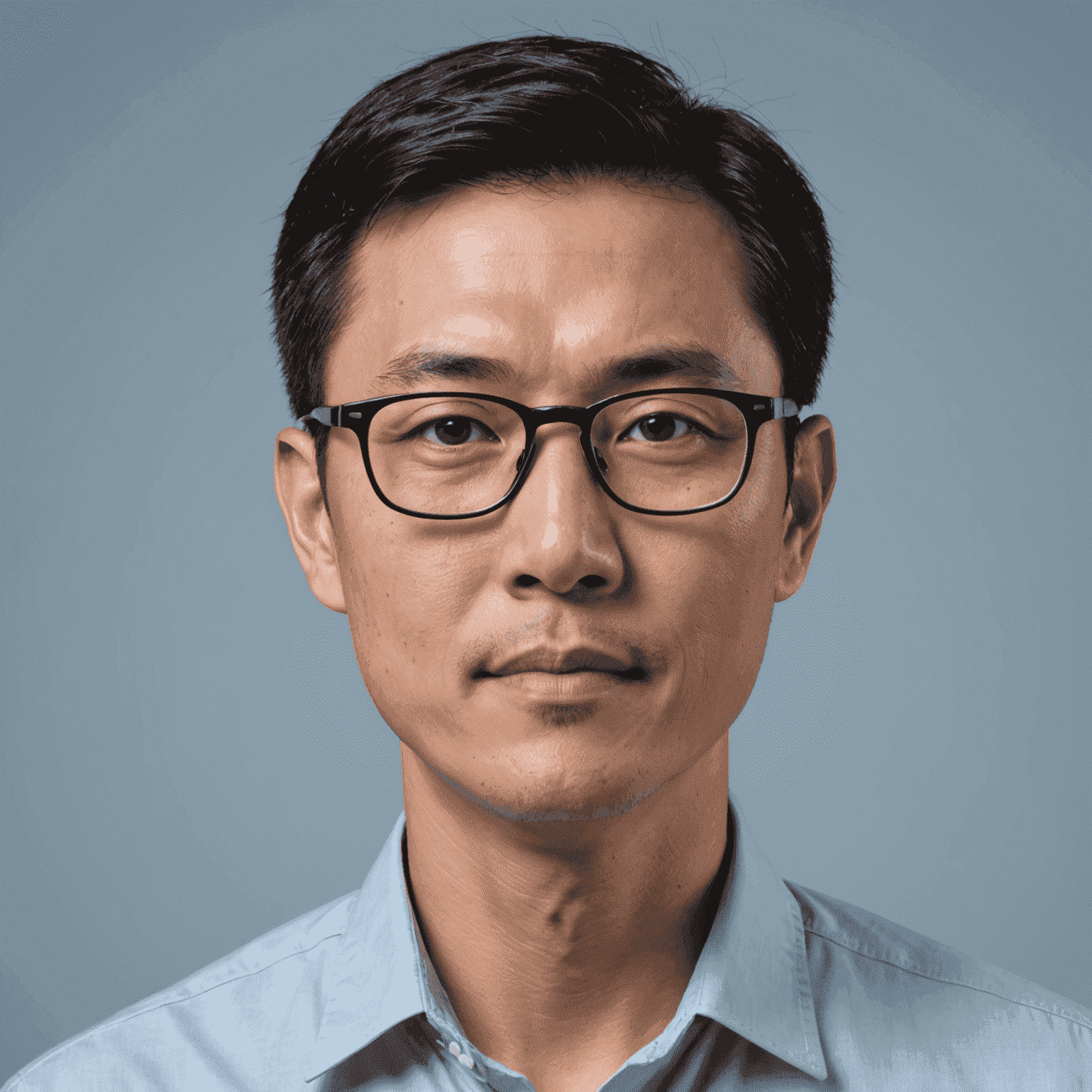 Portrait of Michael Tan, a professional Chinese man in his 40s with short black hair and glasses, wearing a light blue shirt