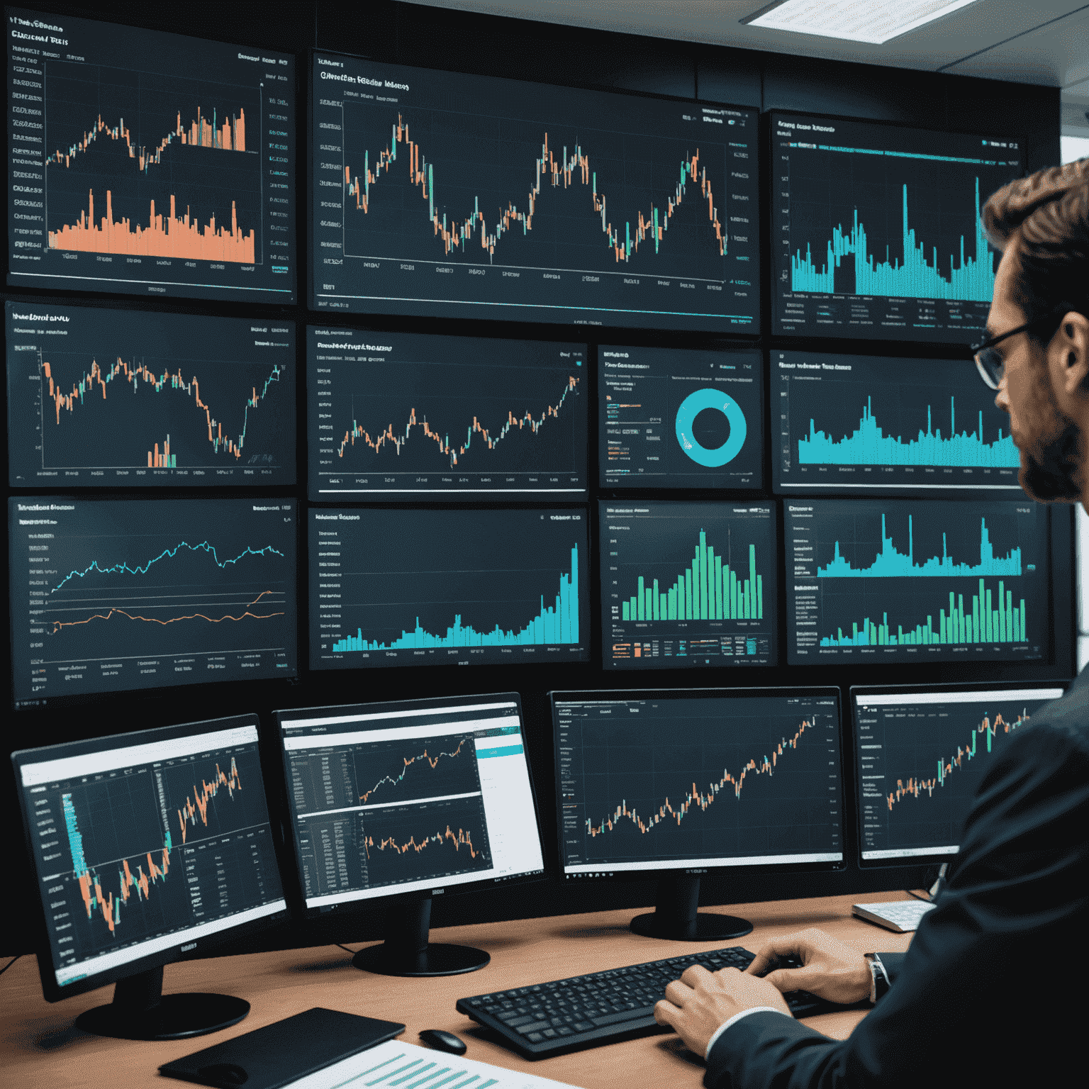 A collage of charts, graphs, and a person analyzing financial data on multiple screens, representing various trading strategies