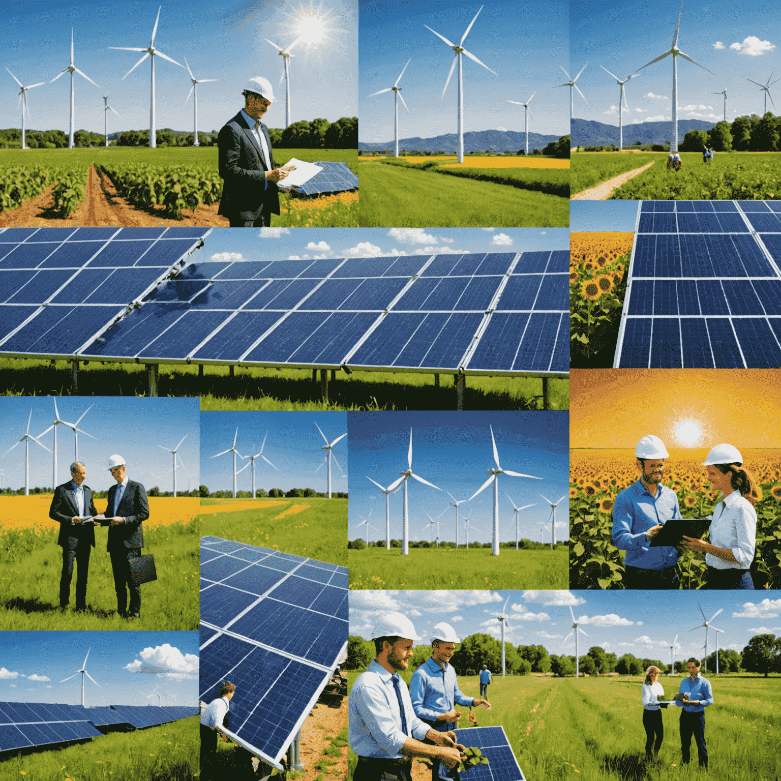 A collage of images representing sustainable business practices, including solar panels, wind turbines, and people engaged in community service