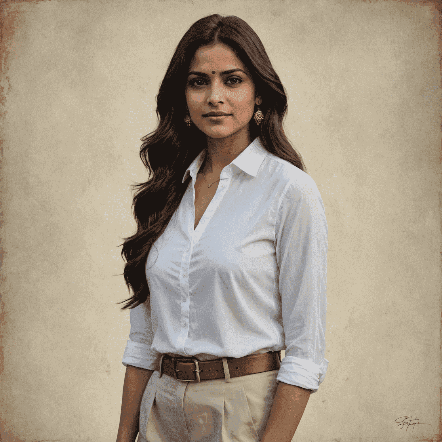 Portrait of Priya Sharma, a professional Indian woman in her late 20s with long dark hair, wearing a white blouse