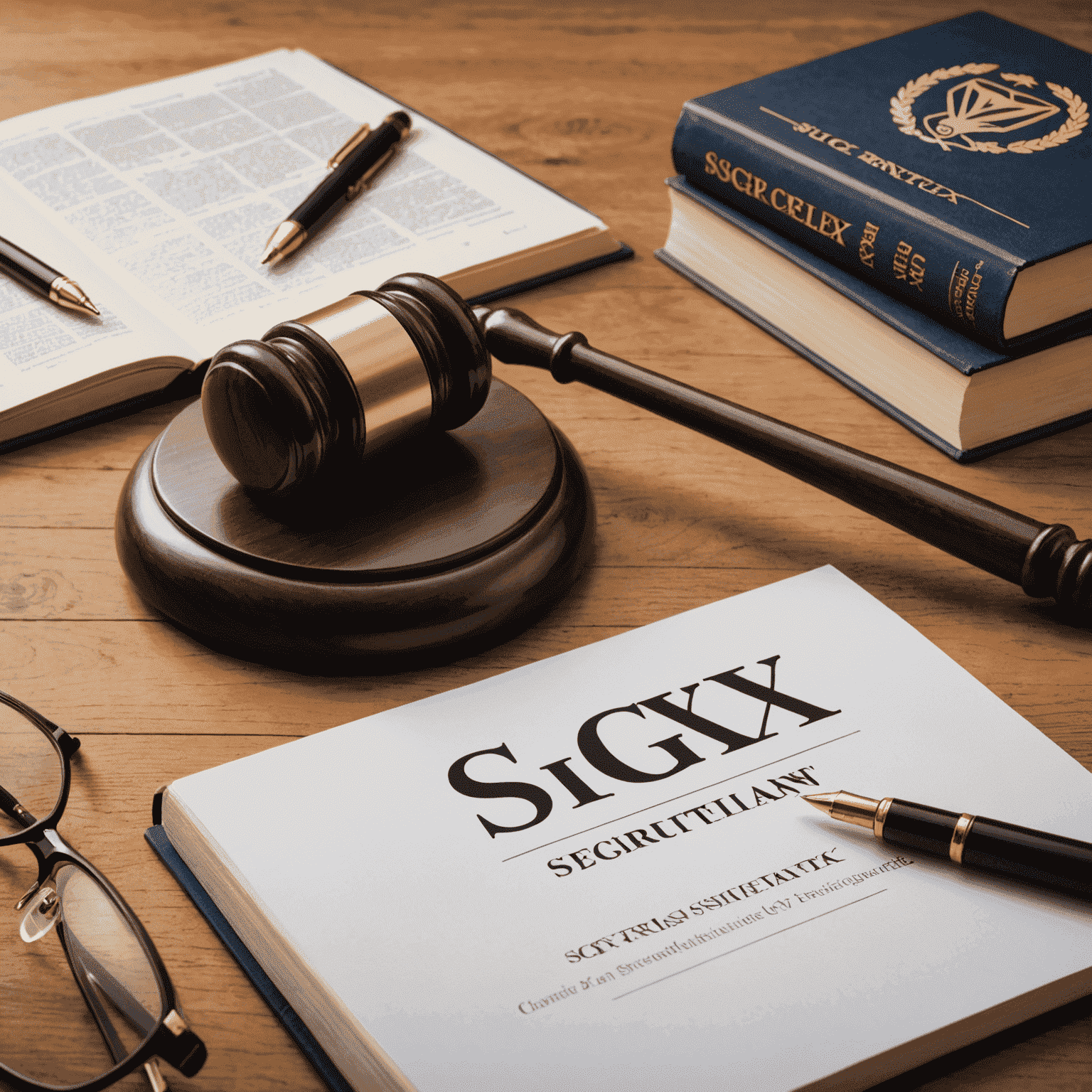 A symbolic representation of SGX regulations with a gavel, law books, and the SGX logo