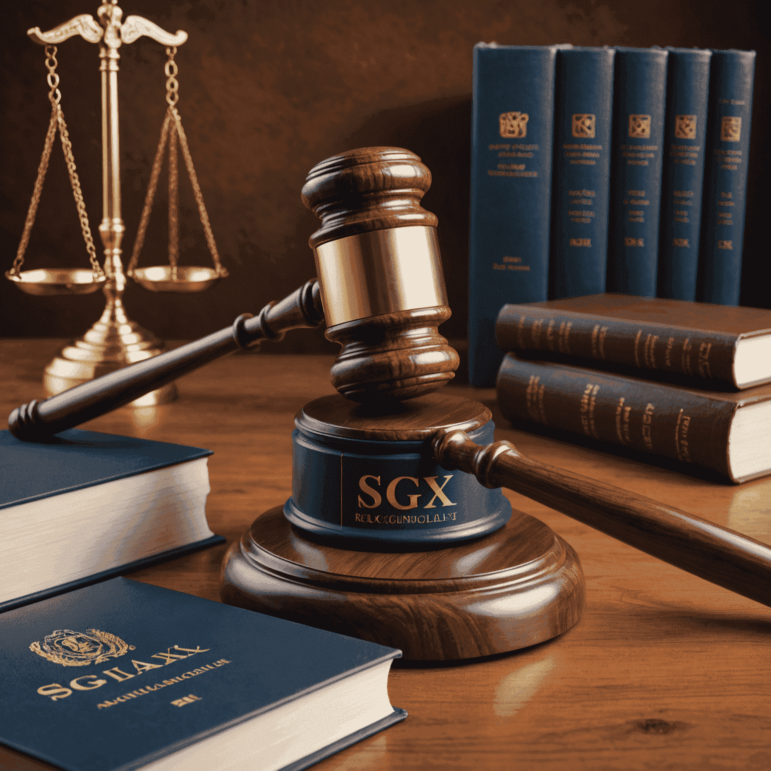 A symbolic representation of SGX regulations with a gavel, law books, and the SGX logo