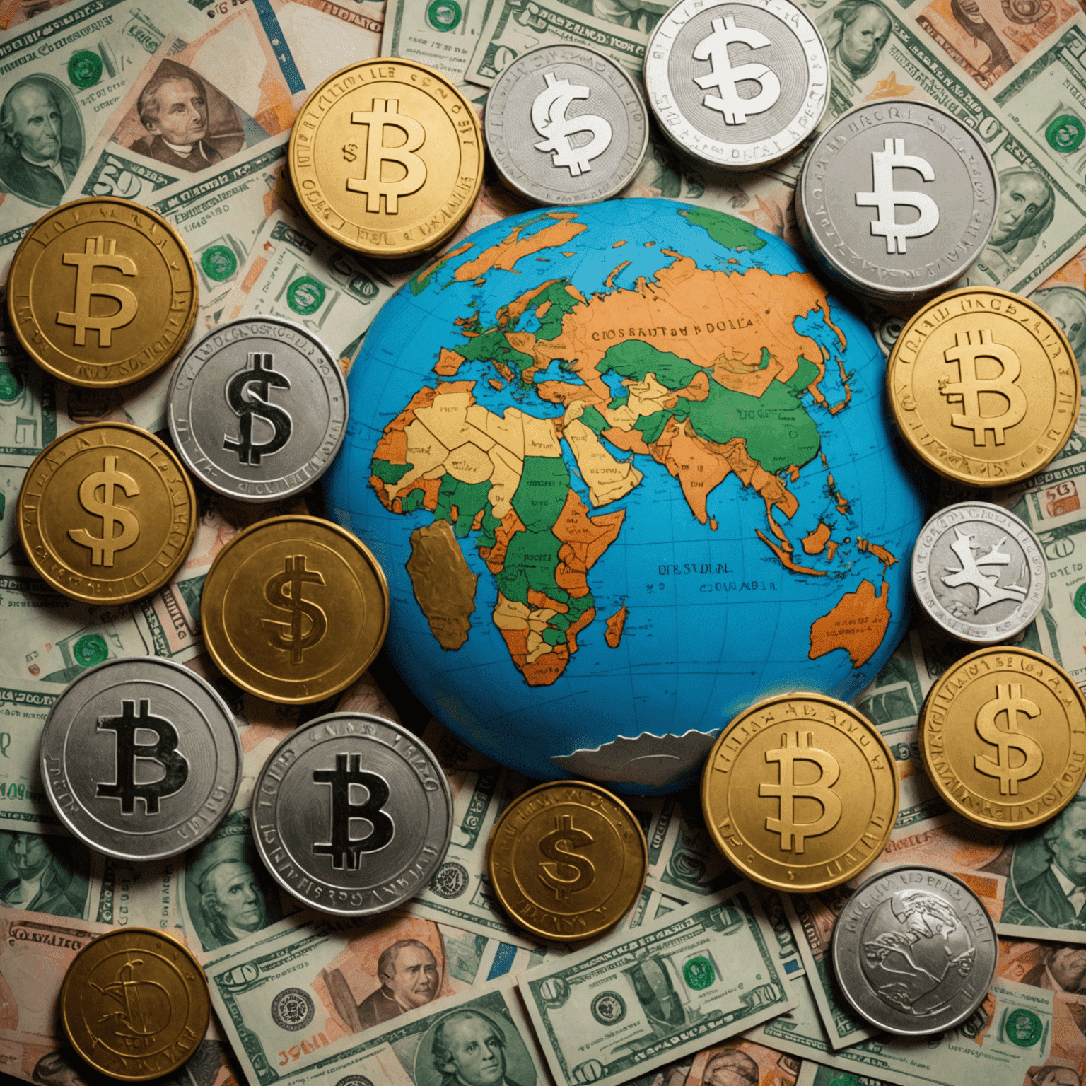 A dynamic image showing currency exchange rates, Singaporean dollar, and global currency symbols