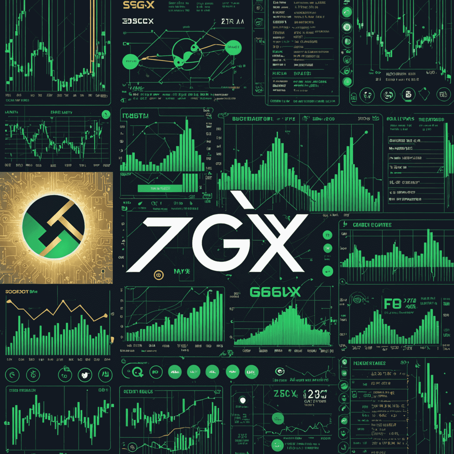 A montage of tech company logos listed on SGX, with upward trending graphs and circuit board patterns